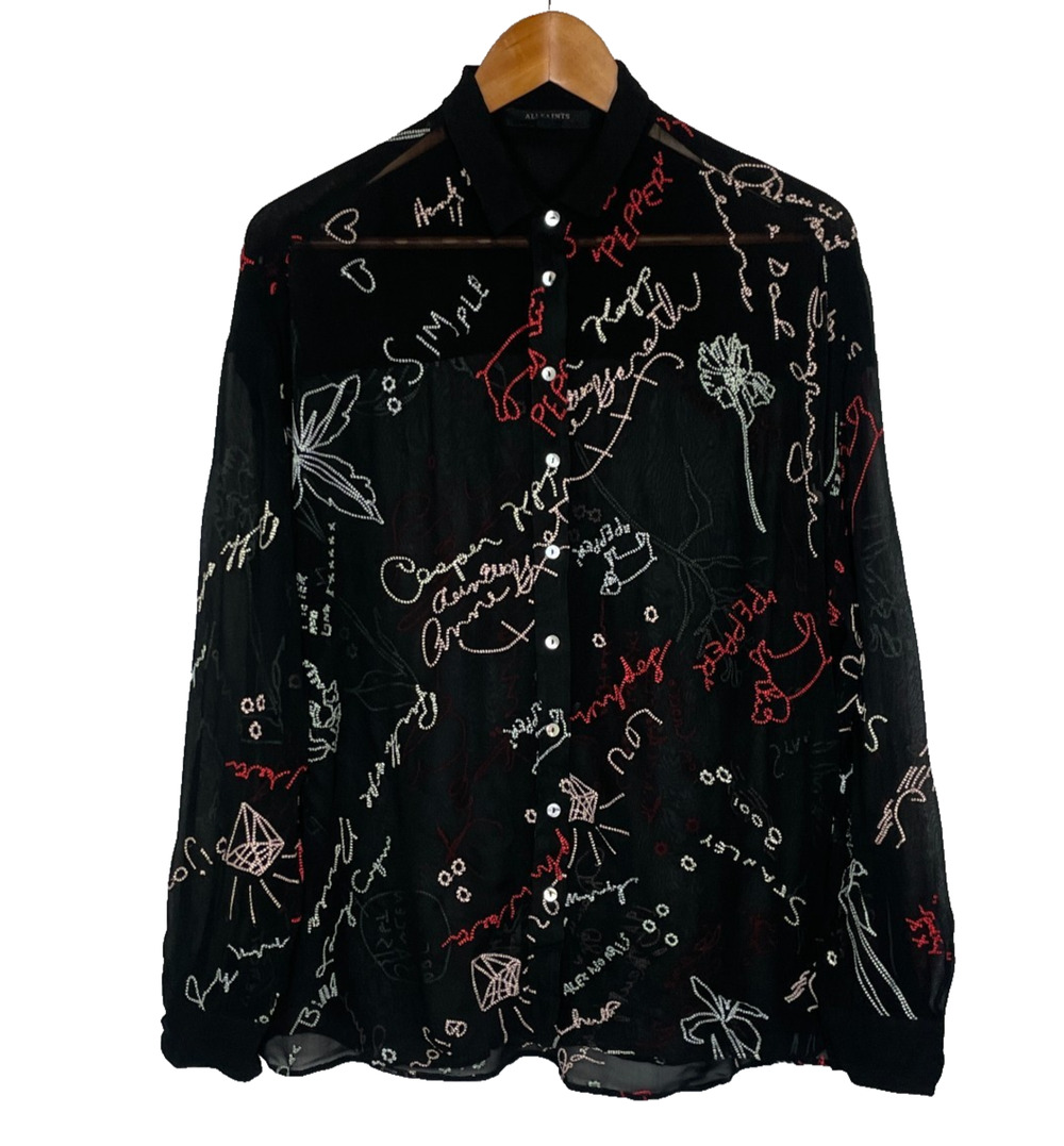 Women's Small All Saints Kyra Graff Black Viscose Button Down Shirt